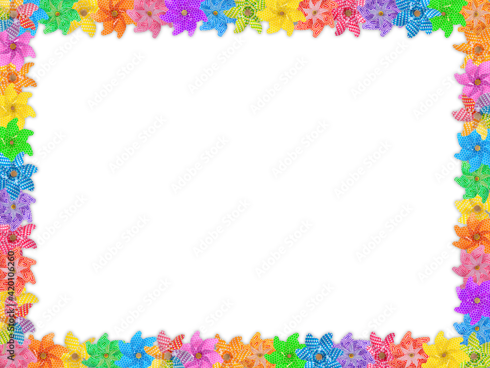 trendy rainbow colored pinwheels in a border with room for text.