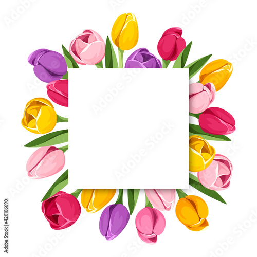 Vector spring background with red, pink, orange, yellow and purple tulips. Easter or Mother’s day card.