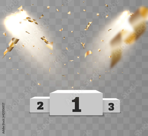 Realistic winners podium on a transparent background with beautiful lights and candy. Vector graphics.	