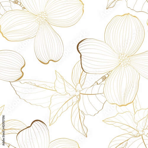 Dogwood branch with golden line flowers seamless pattern. Cornus florida.  Line drawing. White background.