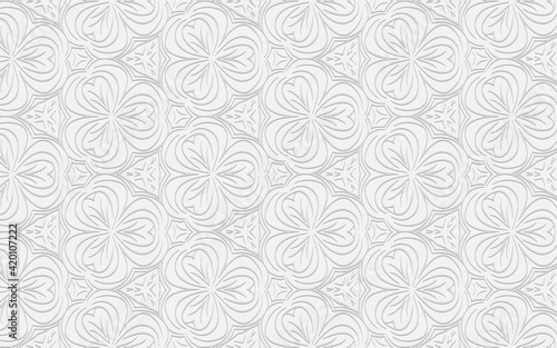 Volumetric composition with 3D effect of convex shape. Geometric white background with embossed ethnic pattern for wallpaper, presentations. Ornament for decor and design.