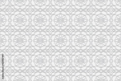 Volumetric ethnic openwork composition with a 3D effect of a convex shape. White background with embossed geometric ornament for wallpaper, websites. 