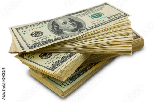 closeup heap of dollar isolated on white background, financial background