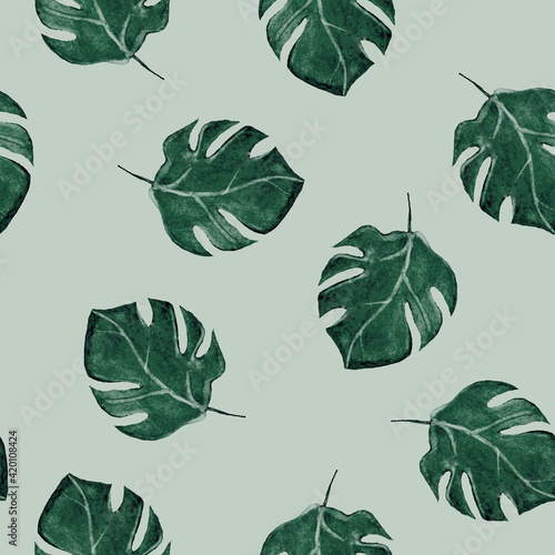 watercolor seamless pattern with tropical leaves on blue background