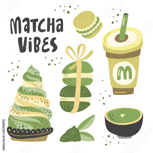 Matcha vibes. Vector hand drawn matcha lettering illustration on contrast background. Cake, macaroons, spoon, bamboo whisk, heart, matcha tea