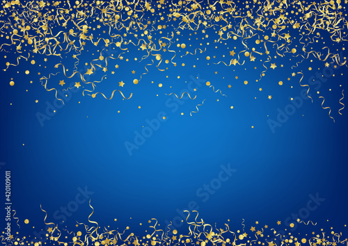 Golden Ribbon Festive Vector Blue Background.