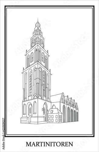 Martini tower in Groningen.Dutch landmark. isolated line art building.