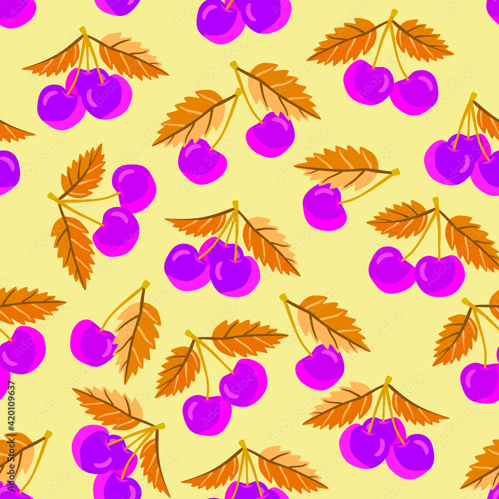 Obraz premium Cherry fruits with leaves seamless pattern.