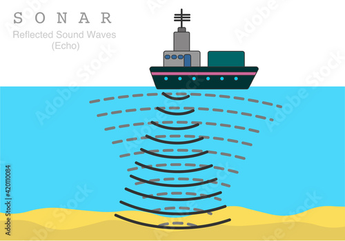 Sonar. Sound navigation, ranging. Reflected sound waves. Echo. Sea acoustic location. Cruise ship and underwater. Detection of underwater ground surface objects, fish, wrecks. illustration, vector
