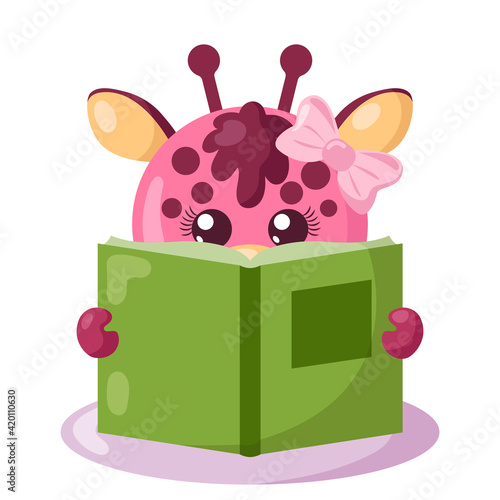 Funny cute kawaii giraffe reading book in flat design with shadows. Isolated animal vector illustration	