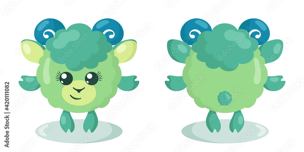 Obraz premium Funny cute kawaii lamb with round body in flat design with shadows, front and back. Isolated animal vector illustration