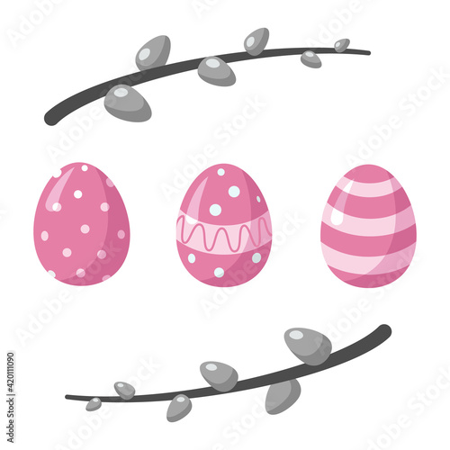 Easter illustration with egg and pussy willow. Painted Easter eggs in a delicate pink color. Two branches with a willow. Suitable for Easter cards, invitation design, posters of different typography 