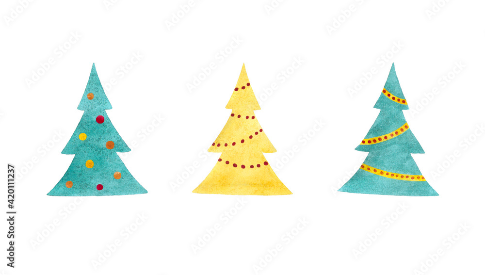 Three abstract Christmas trees
isolated on white background,
watercolor illustration Three abstract Christmas trees
isolated on white background,
watercolor illustration