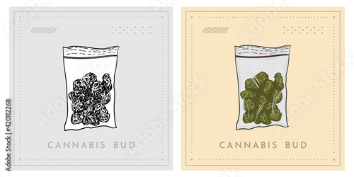 Marijuana buds in bag Cannabis retro vintage illustration