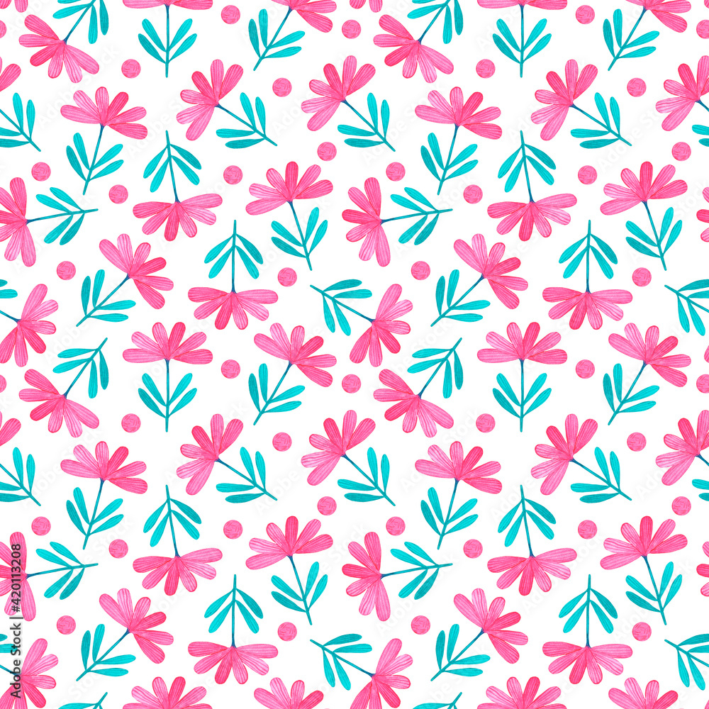 Blue pink flowers with dots on white background seamless pattern Blue pink flowers with dots on white background seamless pattern