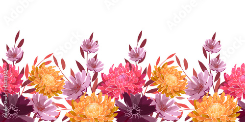 Art floral vector seamless pattern, border. Summer, autumn garden flowers isolated on a white background. Yellow, pink, pale purple asters, chrysanthemums, twigs and leaves.