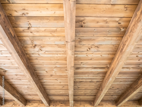 Wood plank roof structure of an exterior porch of a rural town house