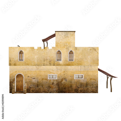 Desert house from old stories, house made of clay. Object for quick integration in photo editing program or other collage project. 3d Rendering, 3d Illustration. 