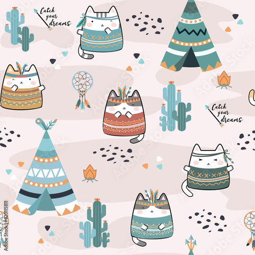 Seamless pattern with tribal boho cats. Hand drawn cute characters Cartoon Animals Background. Vector illustration