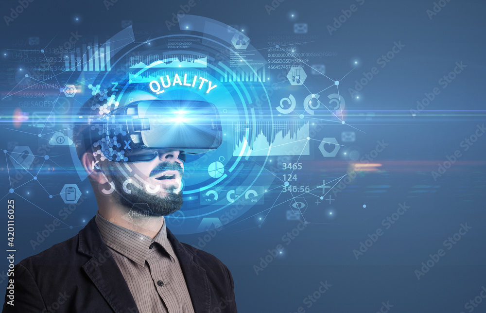 Businessman looking through VR glasses Businessman looking through VR glasses