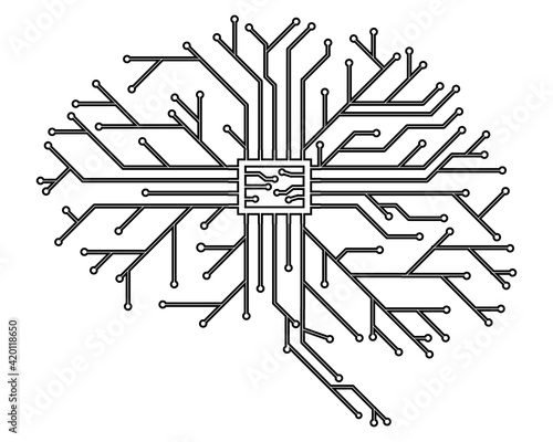 Computer board in the form of a human brain in black with a processor. Editable stroke. Abstract illustration of scientific technology. Isolated on white. Flat style. Vector