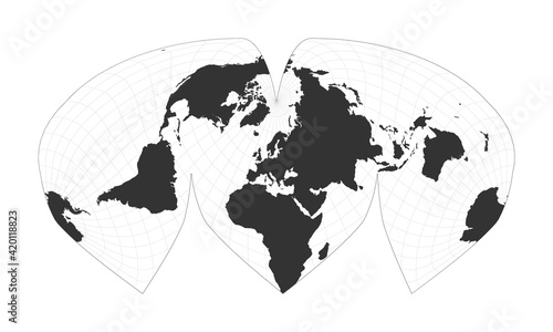 Map of the World. Alan K. Philbrick's interrupted sinu-Mollweide projection. Globe with latitude and longitude net. World map on meridians and parallels background. Vector illustration.