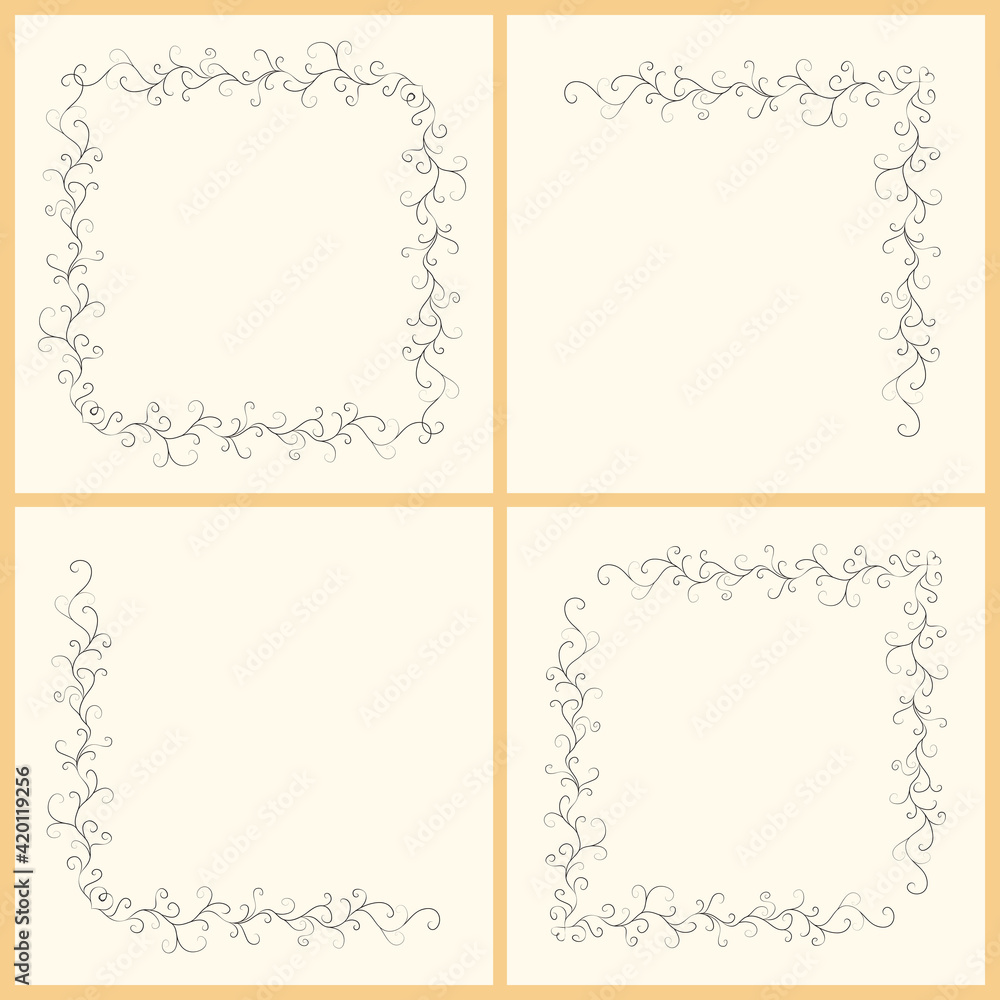 Set of vector editable square and corner frames or cards with black twisted branch. Can be repeted. Cute design for card, poster, flyer, book, cover or website. Set of vector editable square and corner frames or cards with black twisted branch. Can be repeted. Cute design for card, poster, flyer, book, cover or website.