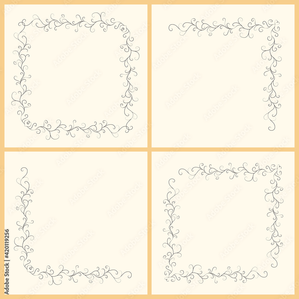 Set of vector editable square and corner frames or cards with black twisted branch. Can be repeted. Cute design for card, poster, flyer, book, cover or website.