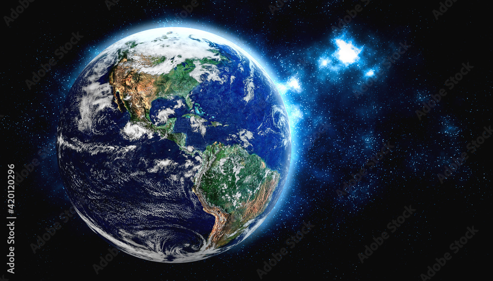 Planet earth globe view from space showing realistic earth surface and world  map as in outer