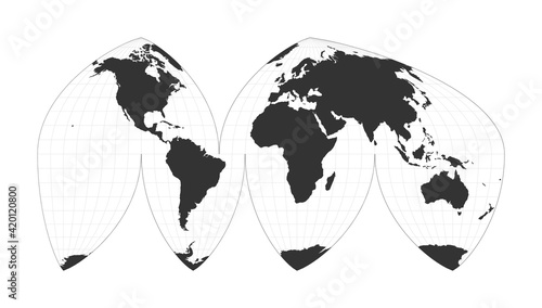 Map of the World. Boggs's interrupted eumorphic projection. Globe with latitude and longitude net. World map on meridians and parallels background. Vector illustration.