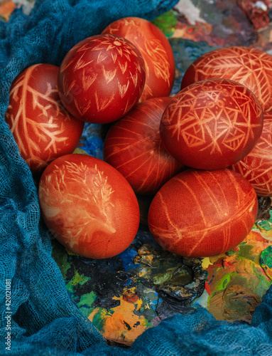 painted easter eggs with ukrainian ornaments 