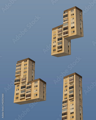Photo-manipulation of a building to make it look like Tetris pieces