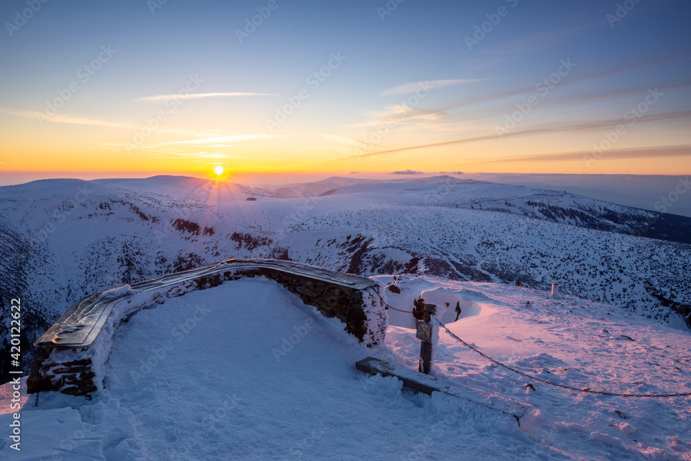 sunset in winter in the Karkonosze Mountains in Poland