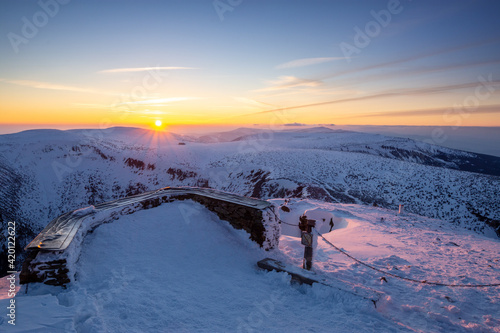 sunset in winter in the Karkonosze Mountains in Poland