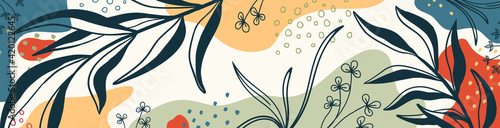 Botanical banner with organic shapes, leaves, branch and plants. Abstract natural elements in trendy doodle style for holiday, business. Simple, minimal design. Modern trendy vector background.