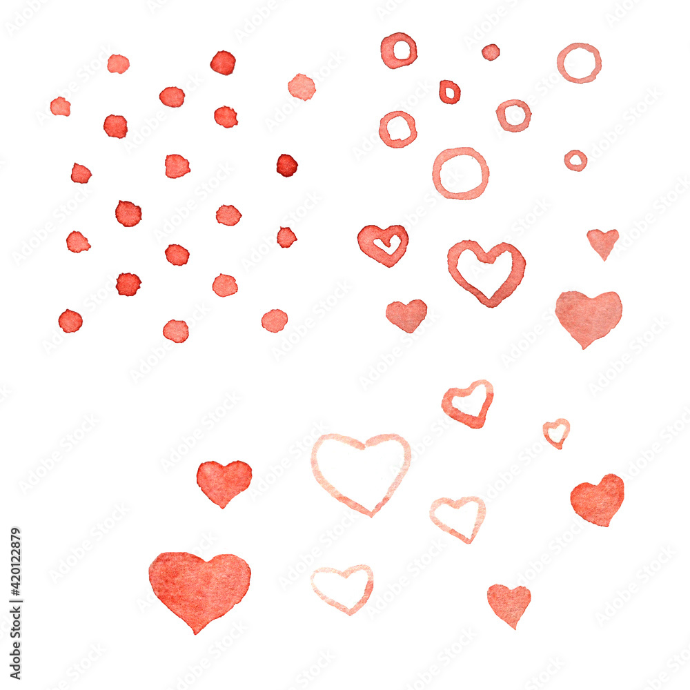 watercolor set of red, pink hearts, dots, isolated on a white background