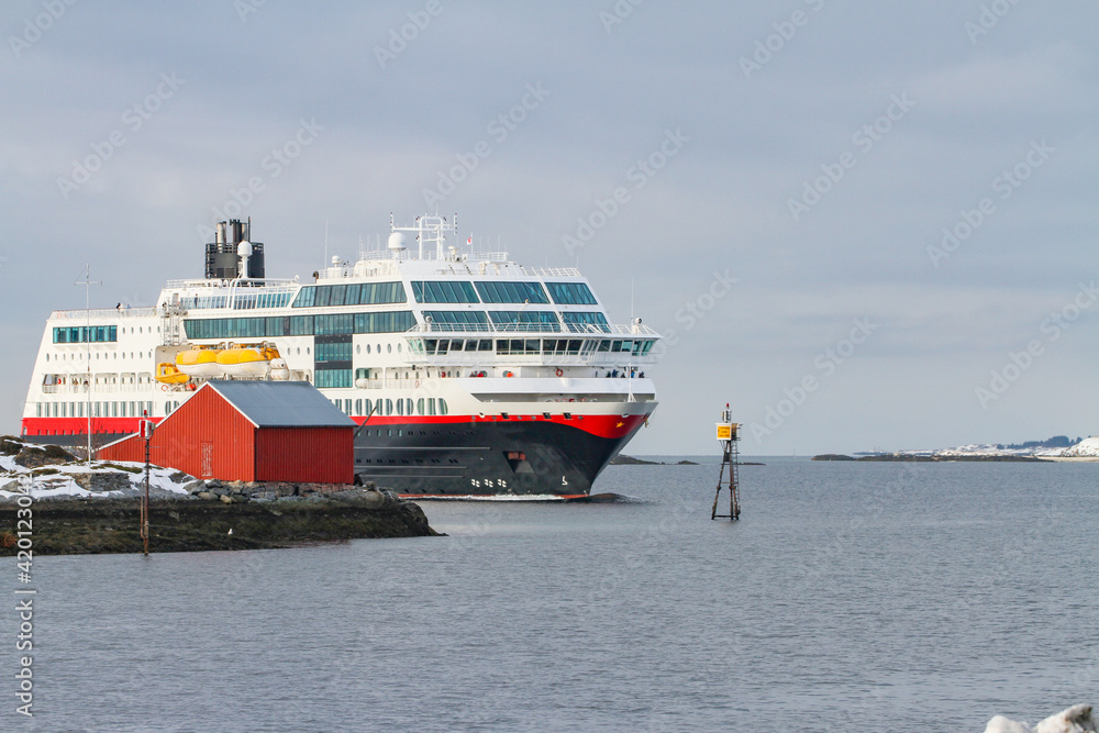 Passenger ships on the coastal route arrive at Brønnøysund harbor,Helgeland,Nordland county,Norway,scandinavia,Europe	