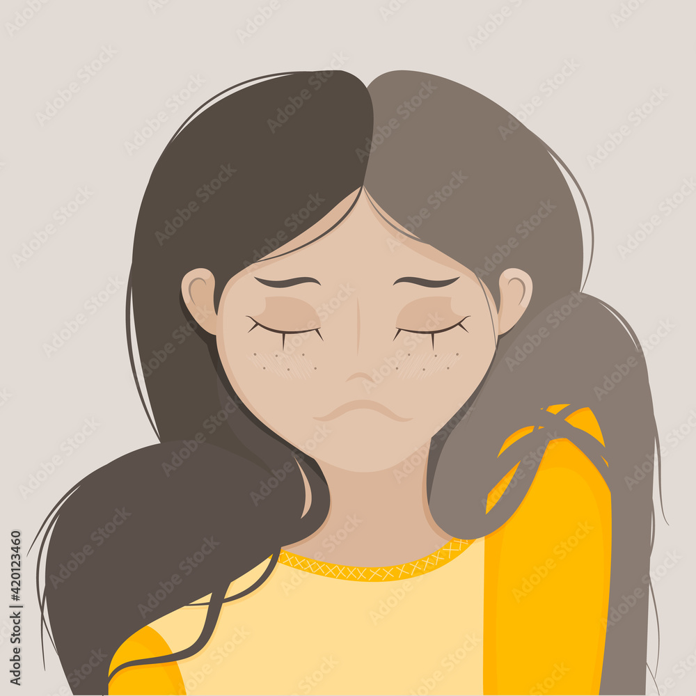 Illustration of a dark-haired girl with closed eyes wearing yellow clothes. Calm and peaceful Illustration of a dark-haired girl with closed eyes wearing yellow clothes. Calm and peaceful