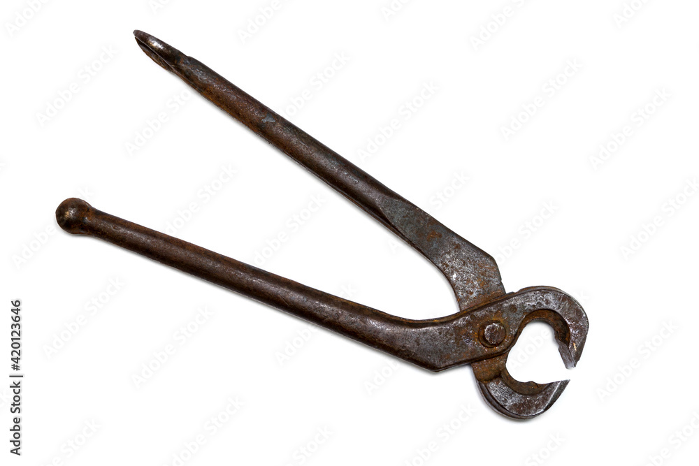 Old rusty pincer pliers isolated on white background. Old rusty pincer pliers isolated on white background.