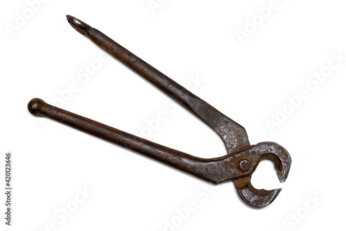 Old rusty pincer pliers isolated on white background.