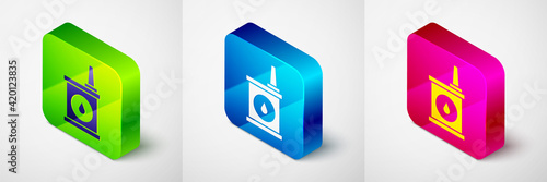Isometric Canister for motor machine oil icon isolated on grey background. Oil gallon. Oil change service and repair. Square button. Vector