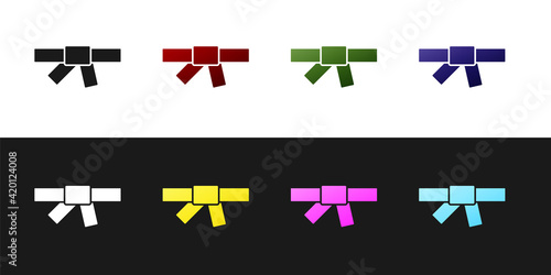 Set Black karate belt icon isolated on black and white background. Vector