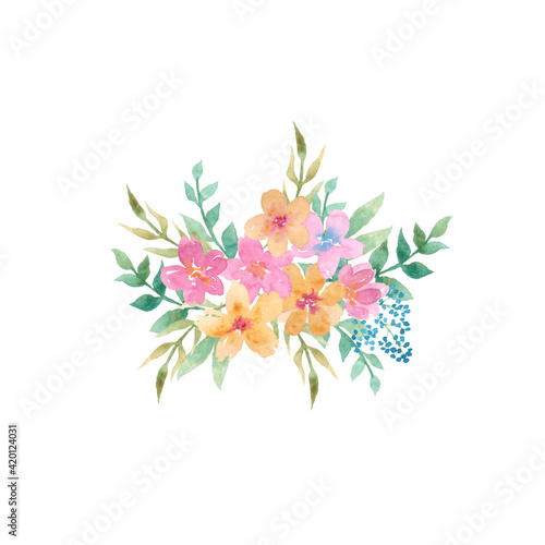 Bouquet composition with pink, yellow flowers for card, watercolor illustration