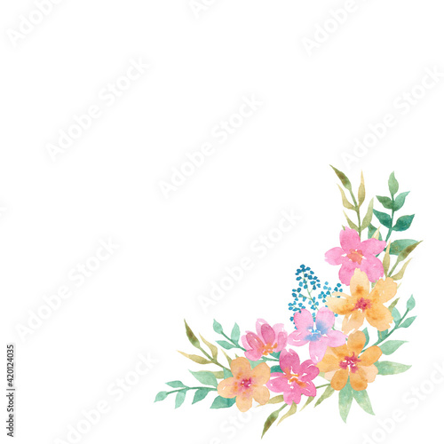 Bouquet composition with pink, yellow flowers for card, watercolor illustration
