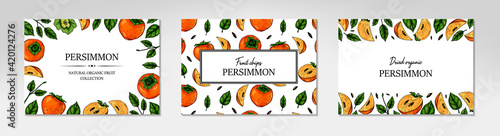 Set of hand drawn colorful persimmon horizontal design. Vector illustration in colored sketch style.