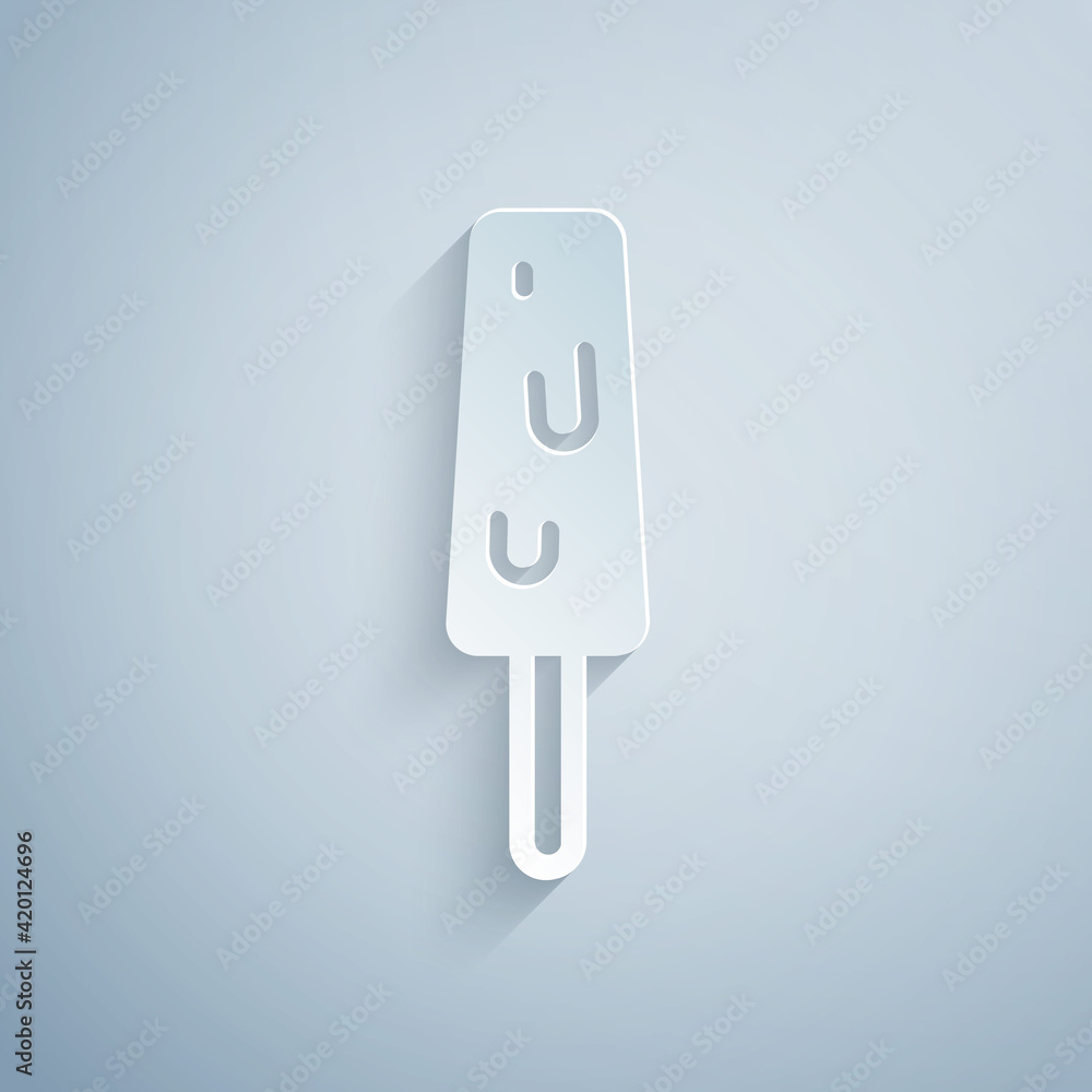 Paper cut Ice cream on stick icon isolated on grey background. Sweet symbol. Paper art style. Vector Paper cut Ice cream on stick icon isolated on grey background. Sweet symbol. Paper art style. Vector