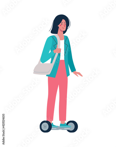 girl ride on a modern gyroboards. Environmentally friendly alternative transport. Vector girl in a flat style on a white background.