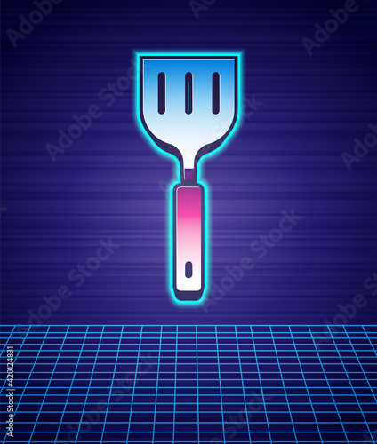 Retro style Spatula icon isolated futuristic landscape background. Kitchen spatula icon. BBQ spatula sign. Barbecue and grill tool. 80s fashion party. Vector