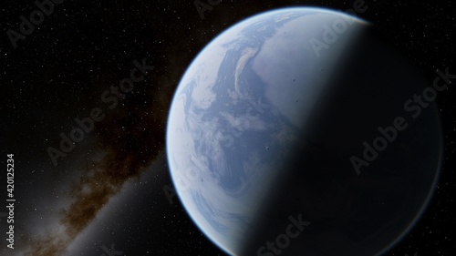 Fototapeta Naklejka Na Ścianę i Meble -  super-earth planet, realistic exoplanet, planet suitable for colonization, earth-like planet in far space, planets background 3d render