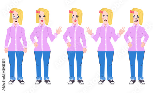 Collection of various poses and emotions of a young woman. Character of girl, Vector illustration in cartoon style